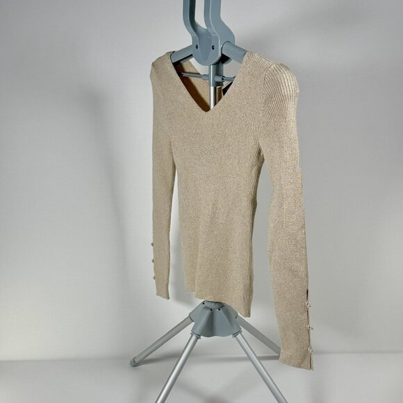 Ann Taylor Light Golden Metallic Sweater Top with Button Wrist Details - Picture 4 of 9